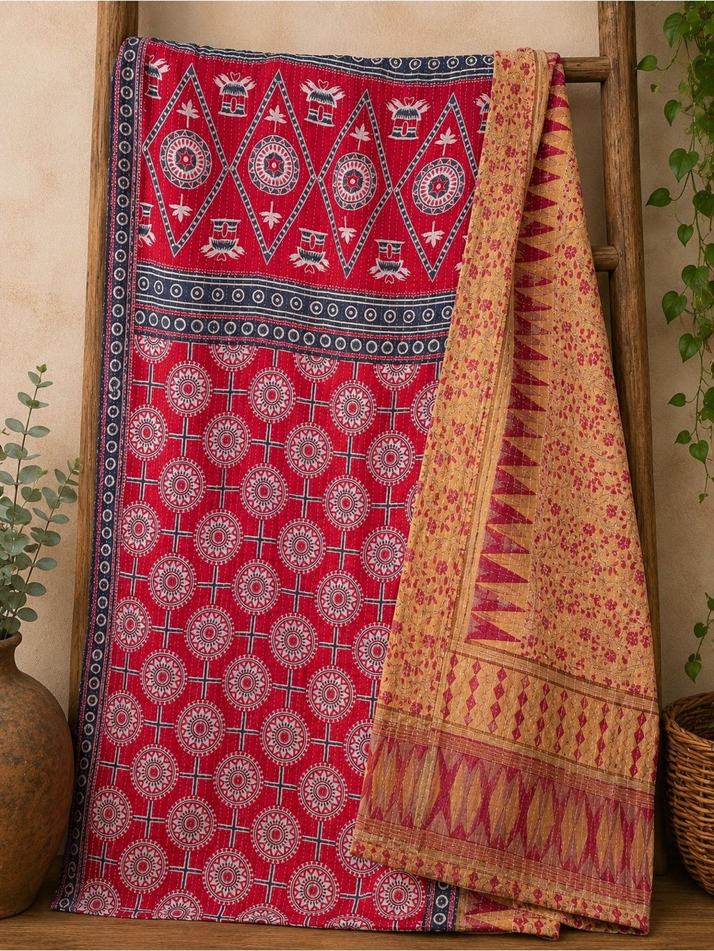 Vintage Handmade Printed Kantha Quilt India Sari Throw Blanket Twin 52x80